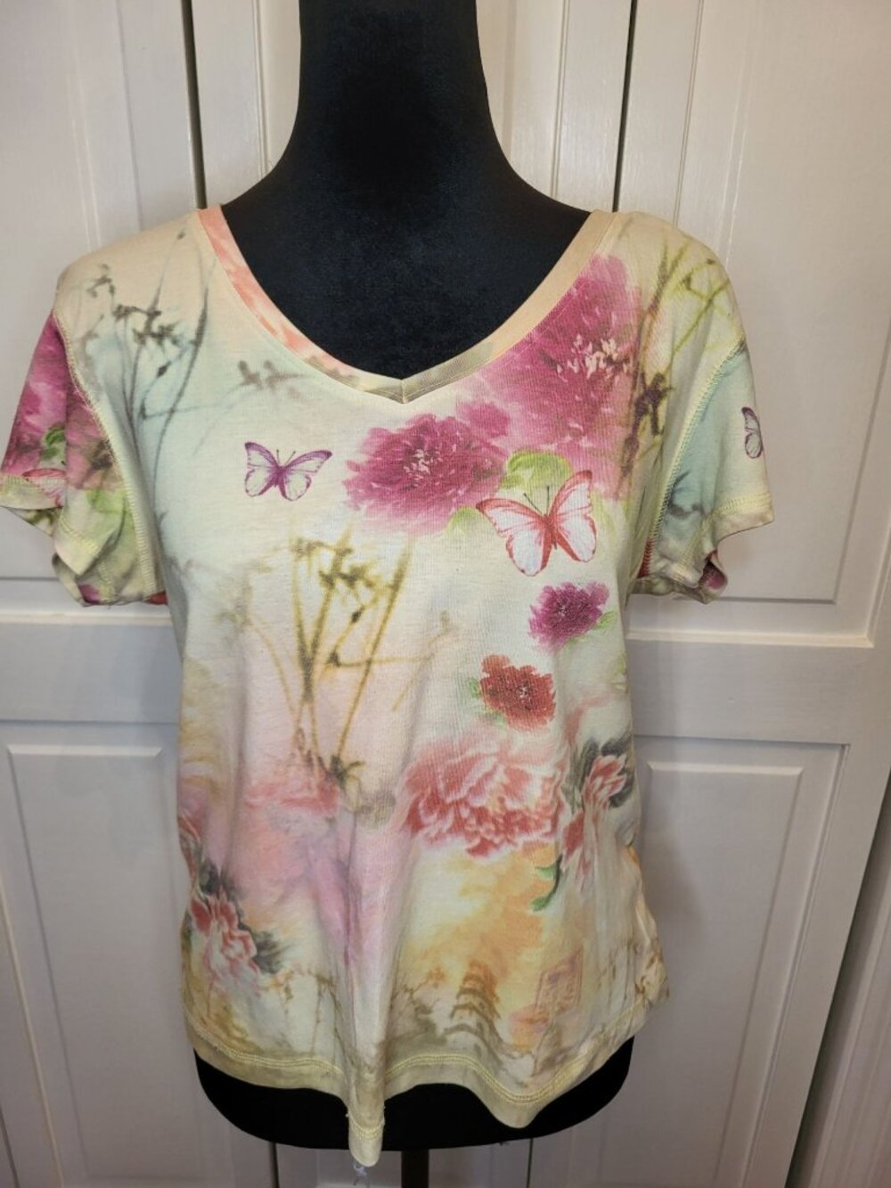 Vintage Y2K XCIT U.S.A. Floral Butterfly Print Tee PXL Grunge Fairy Cottage Boho